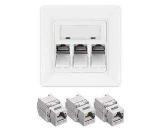 Szett 1 db RJ45 hármas hálózati aljzat 3 db CAT 6A csatlakozóval, Kwmobile, fehér, fém, 54571.03.01