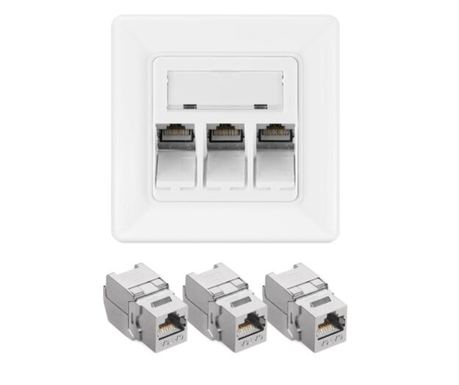 Комплект от 1 троен RJ45 мрежов контакт с 3 щекера CAT 6A, Kwmobile, бял, металик, 54571.03.01
