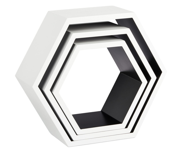 Set 3 rafturi de perete, model hexagon, alb/negru, din MDF, Relaxdays