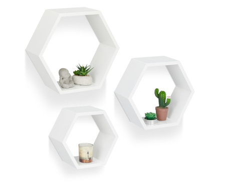 Set 3 rafturi de perete, hexagon, alb, din MDF, Relaxdays