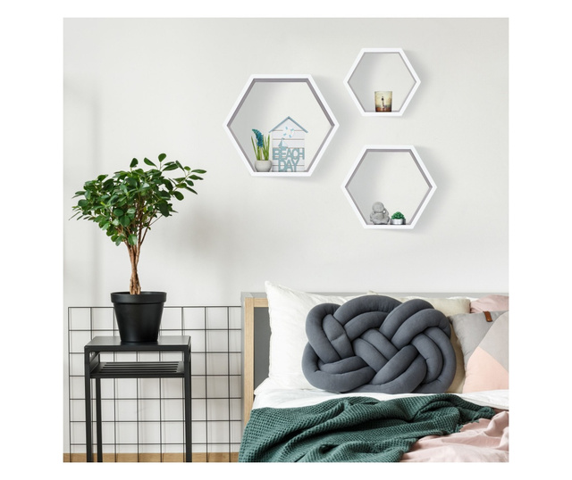 Set 3 rafturi de perete, hexagon, alb, din MDF, Relaxdays