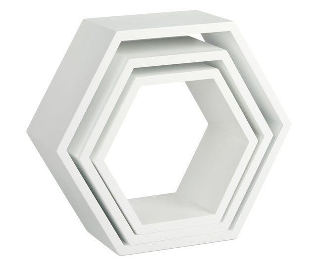 Set 3 rafturi de perete, hexagon, alb, din MDF, Relaxdays