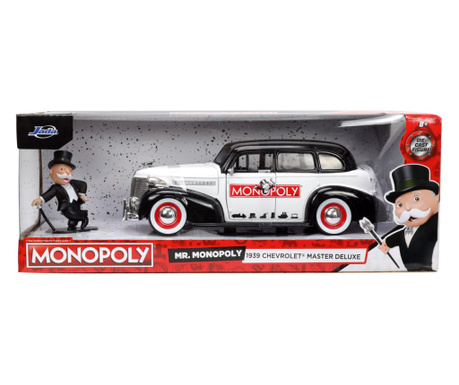 Jada set masinuta metalica Chevrolet master Deluxe 1939 scara 1:24 si figurina mr. Monopoly