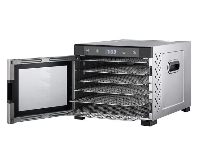 Gastroback Dehydrator Pro Aszalógép, 6 rozsdamentes polc, 3 tálcával, hőmérséklet 35-75 C, érintőpanel, LED kijelző, időzítő, fe