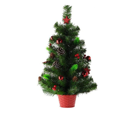 Karácsonyi dekoráció, cserepes fa, díszített, zöld és piros, 60 cm, Chomik