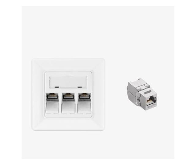 Szett 1 db RJ45 hármas hálózati aljzat 3 db CAT 6A csatlakozóval, Kwmobile, fehér, fém, 54571.03.01