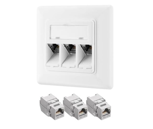 Szett 1 db RJ45 hármas hálózati aljzat 3 db CAT 6A csatlakozóval, Kwmobile, fehér, fém, 54571.03.01