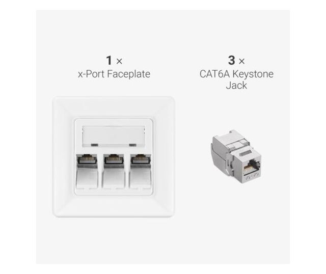 Szett 1 db RJ45 hármas hálózati aljzat 3 db CAT 6A csatlakozóval, Kwmobile, fehér, fém, 54571.03.01