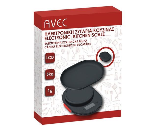 Кухненска везна AVEC, До 5 кг, Купа, LCD дисплей, Автоматично изключване, Автоматично нулиране, Пластмаса, Черен
