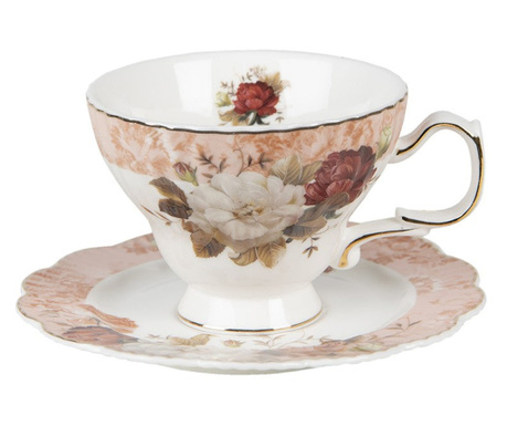 Vintage viktoriánus rózsa mintás porcelán teáscsésze aljjal arany peremmel 200 ml