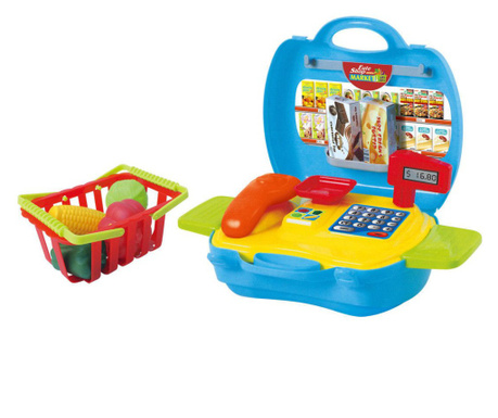 Set de joaca pentru copii, casa de marcat si cos de cumparaturi cu accesorii, 17 piese, My Carry Along Market