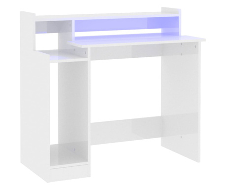 Pisalna miza z LED lučmi visok sijaj bela 97x45x90 cm inž. les