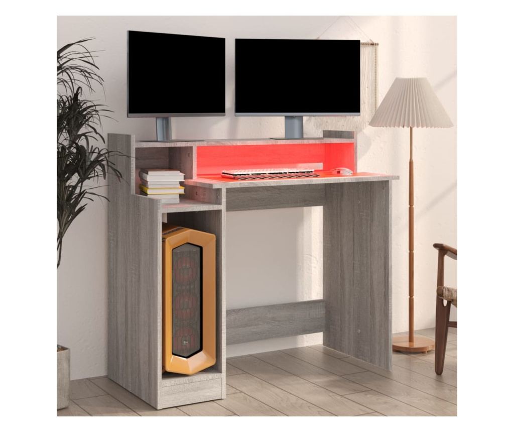Γραφείο με Φώτα LED, Sonoma Grey, 97x90x45 cm, Επεξεργασμένη Ξυλεία - 4