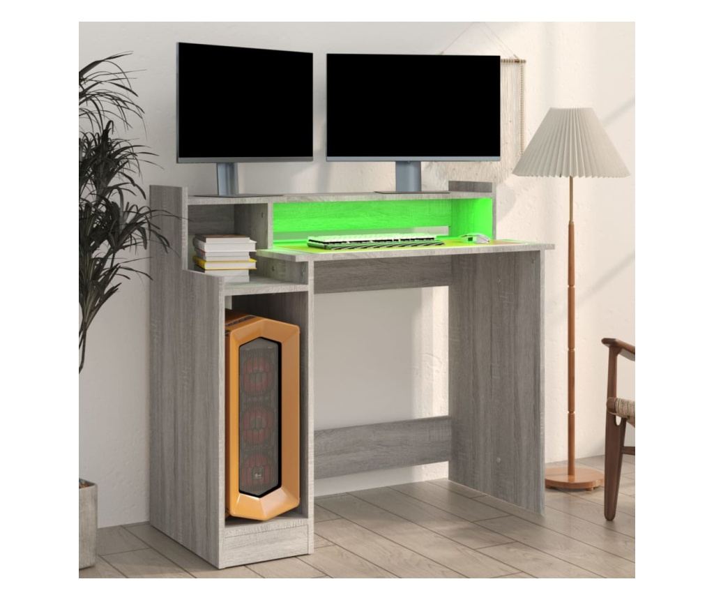 Γραφείο με Φώτα LED, Sonoma Grey, 97x90x45 cm, Επεξεργασμένη Ξυλεία - 5