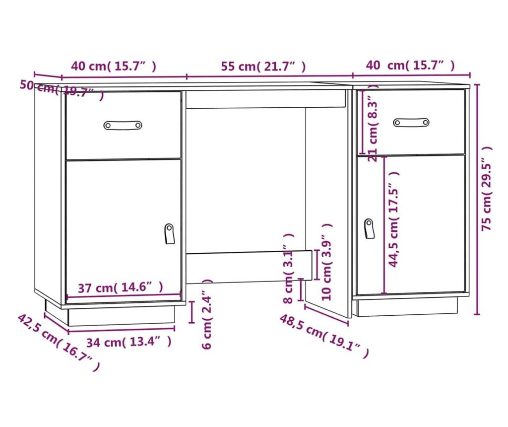 Pisalna miza z omarami, bela, 135x50x75 cm, masivni borovec - 10