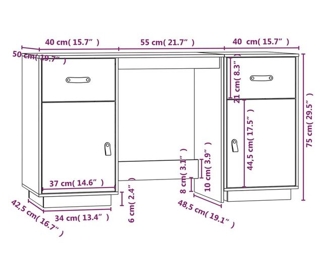 Pisalna miza z omarami, 135x50x75 cm, masivni borov les