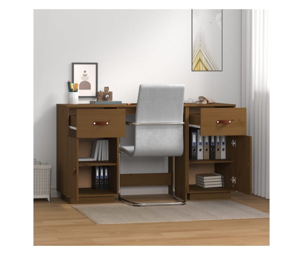 Pisarna s omaricami, medena rjava, 135x50x75 cm, masivna borovina - 3