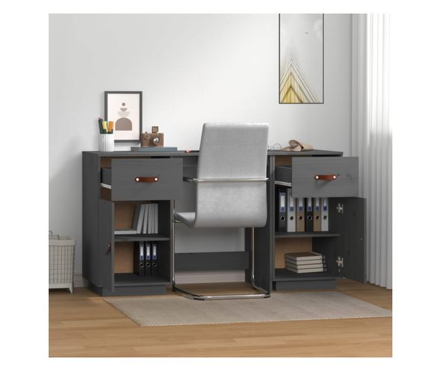 Pisarna s omaricami, siva, 135x50x75 cm, masivno borovo les.