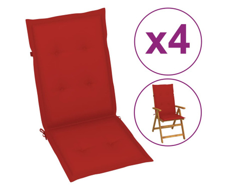 Възглавници за градински столове, 4 бр, червени, 120x50х3 см