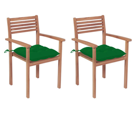 Vrtni stoli 2 kosa z zelenimi blazinami trdna tikovina
