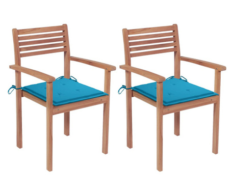 Градински столове, 2 бр, сини възглавници, тиково дърво масив