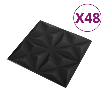 3D стенни панели, 48 бр, 50x50 см, оригами черно, 12 м²