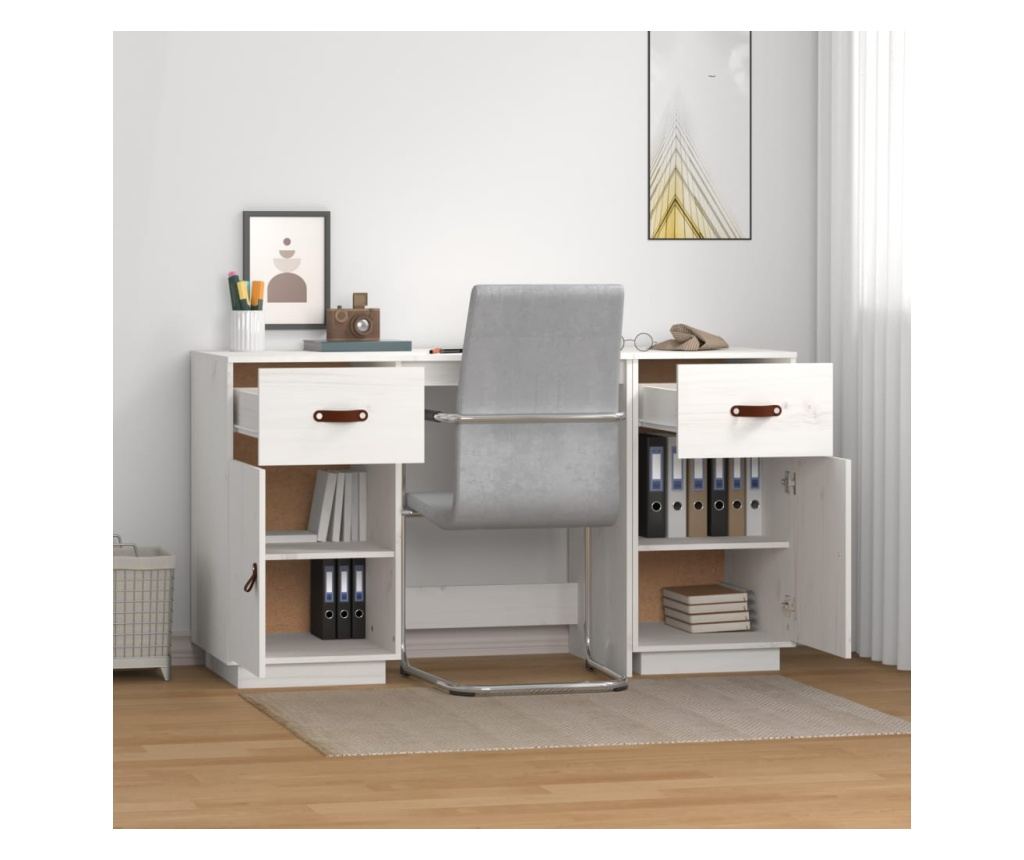 Pisalna miza z omarami, bela, 135x50x75 cm, masivni borovec - 3