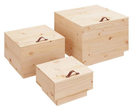 Úložné boxy s víkem 3 ks masivní borové dřevo