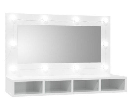 magasfényű fehér tükrös szekrény LED-ekkel 90 x 31,5 x 62 cm