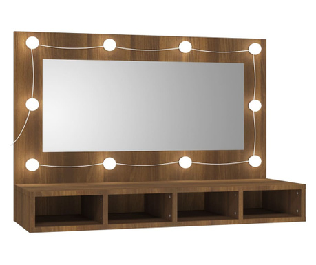 barna tölgy színű tükrös szekrény LED-ekkel 90 x 31,5 x 62 cm