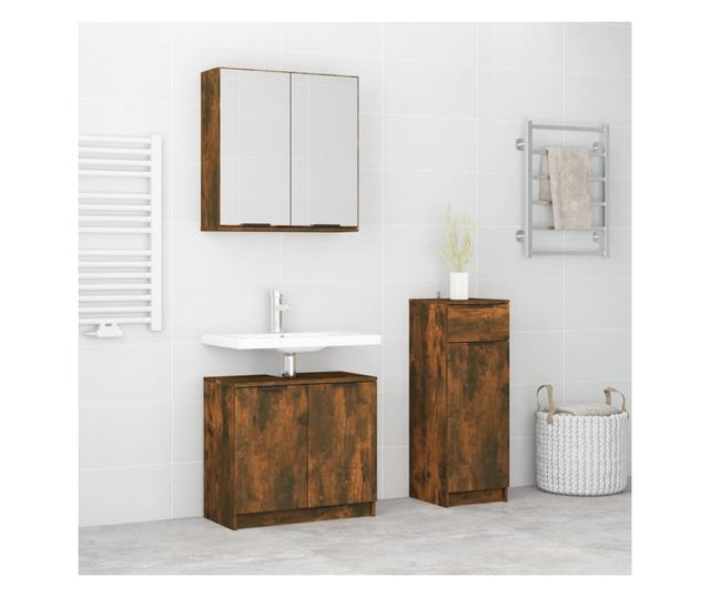 Set dulap de baie, 3 piese, stejar fumuriu, lemn prelucrat
