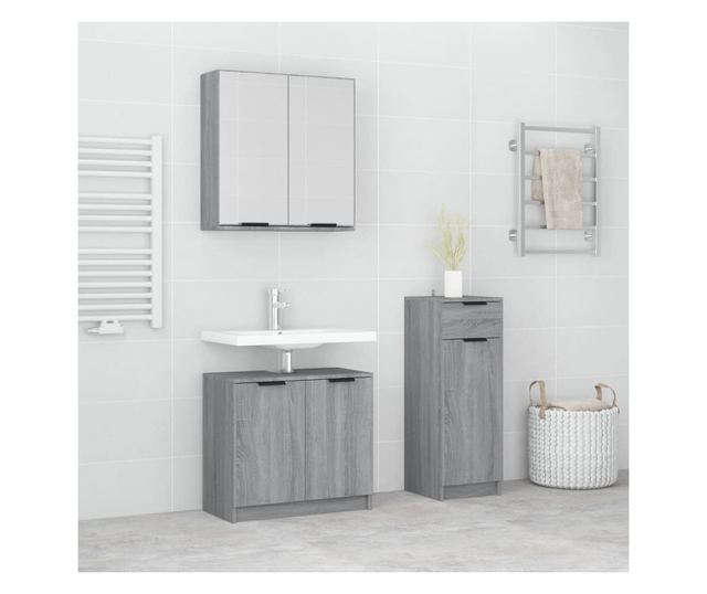 Set dulap de baie, 3 piese, gri sonoma, lemn prelucrat