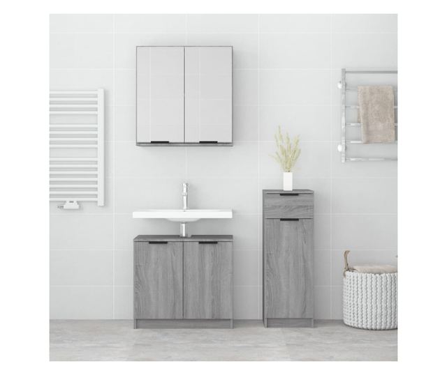 Set dulap de baie, 3 piese, gri sonoma, lemn prelucrat