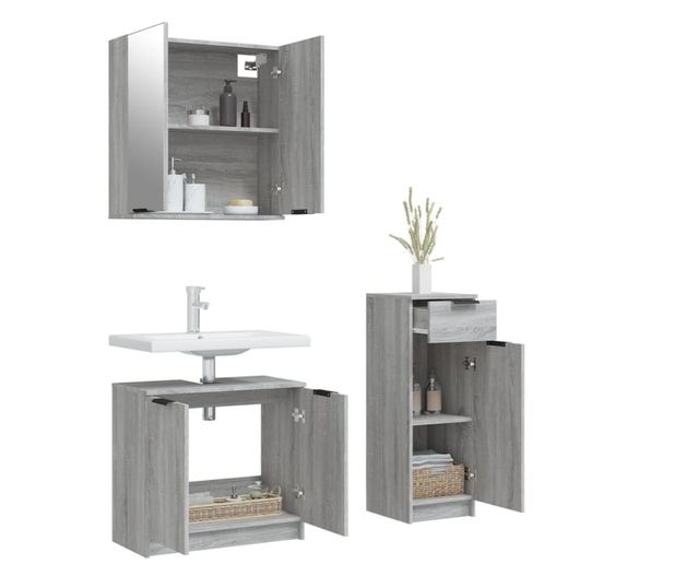Set dulap de baie, 3 piese, gri sonoma, lemn prelucrat