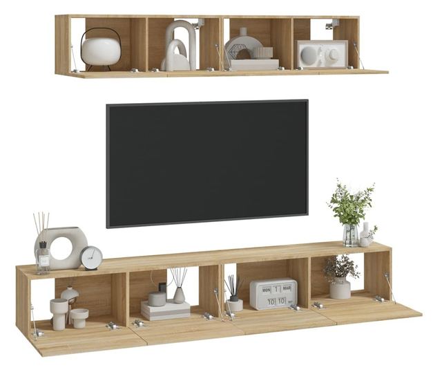 Set dulap TV, 4 piese, stejar sonoma, lemn prelucrat