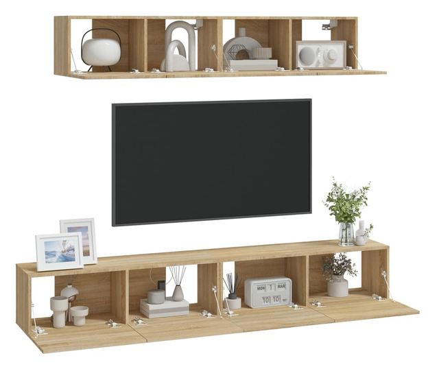Set dulap TV, 4 piese, stejar sonoma, lemn prelucrat