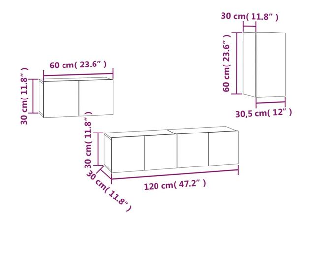 Set dulapuri TV, 4 piese, gri sonoma, lemn prelucrat