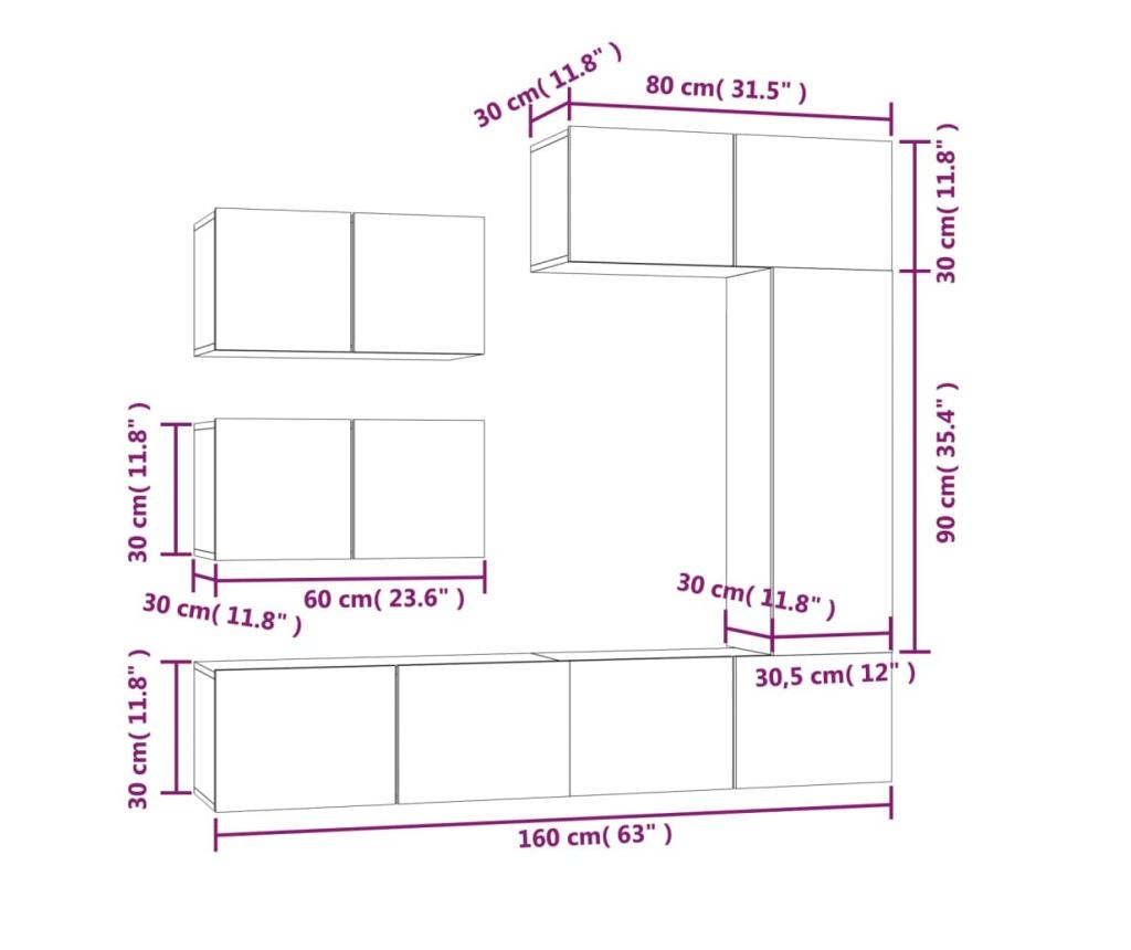 TV omarica, komplet, 6 kosov, betonsko siva, konstruiran les - 10