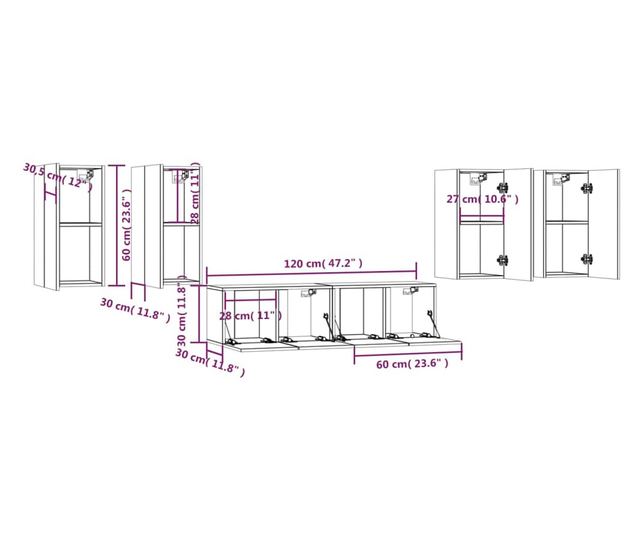TV omarica, komplet, 6 kosov, dimljen hrast, konstruiran les