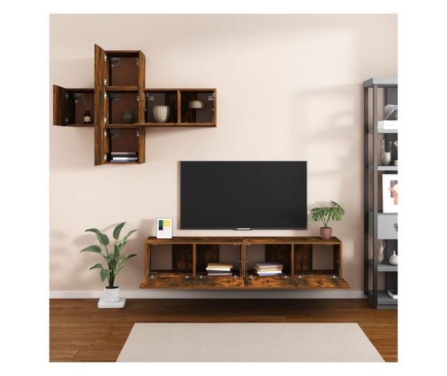 Set dulapuri TV, 7 piese, stejar fumuriu, lemn prelucrat