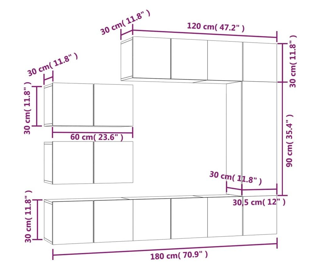 Set TV omare, 8 delov, temen hrast, obdelano leso - 7