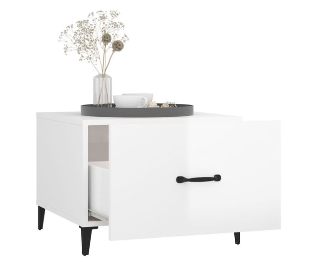 Măsuță de cafea picioare metalice alb extralucios 50x50x40 cm