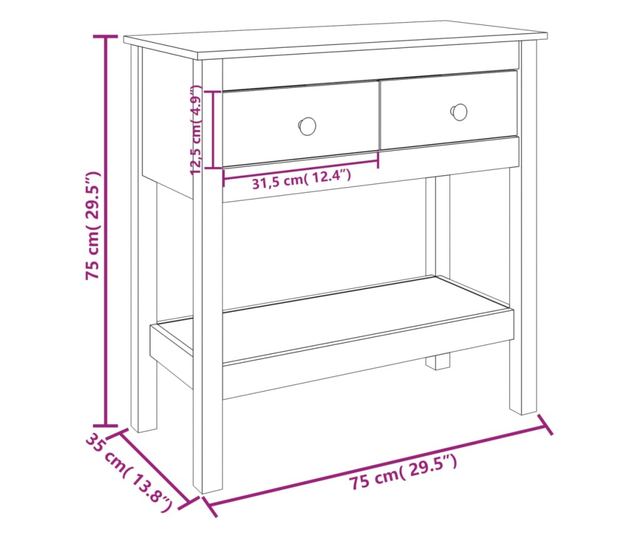 Masă consolă, alb, 75x35x75 cm, lemn masiv de pin