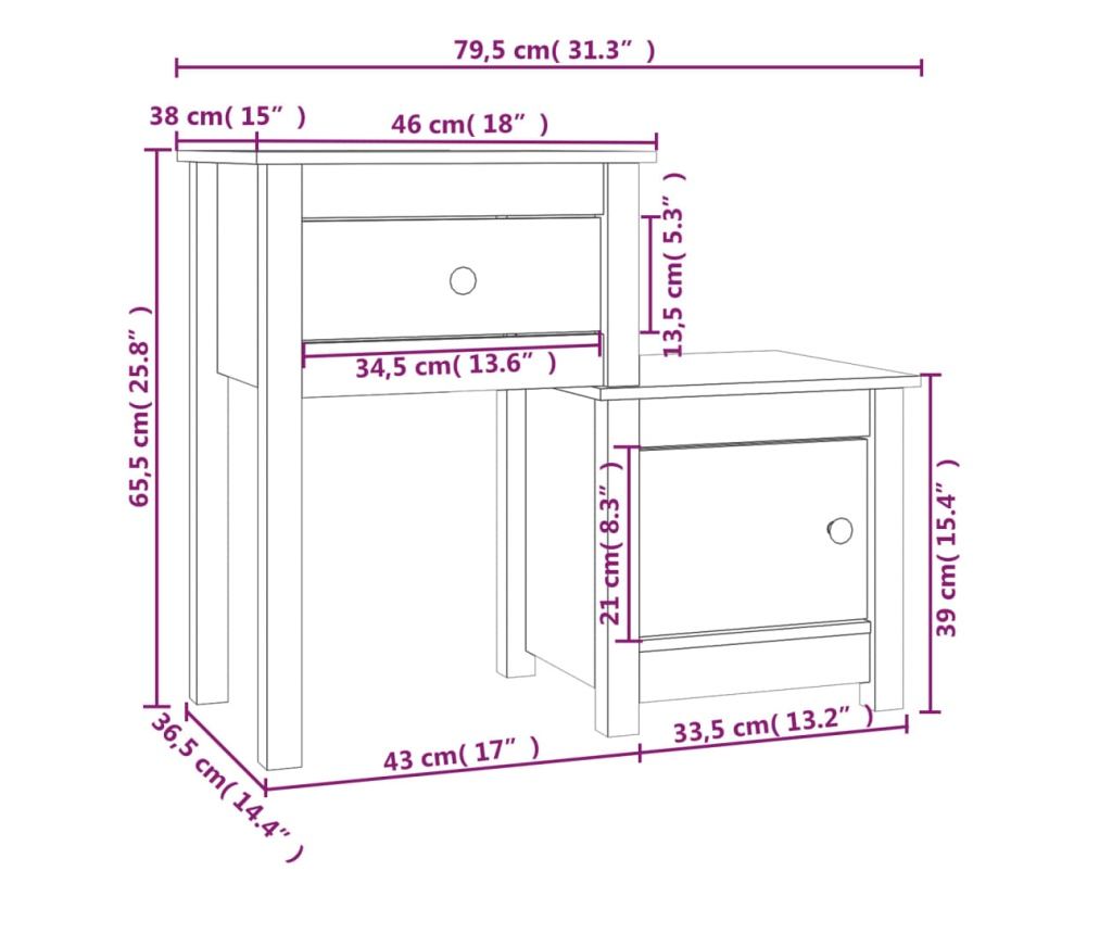 Κομοδίνα, 2 τεμ, λευκό, 79,5x38x65,5 εκ., μασίφ ξύλο πεύκου - 8