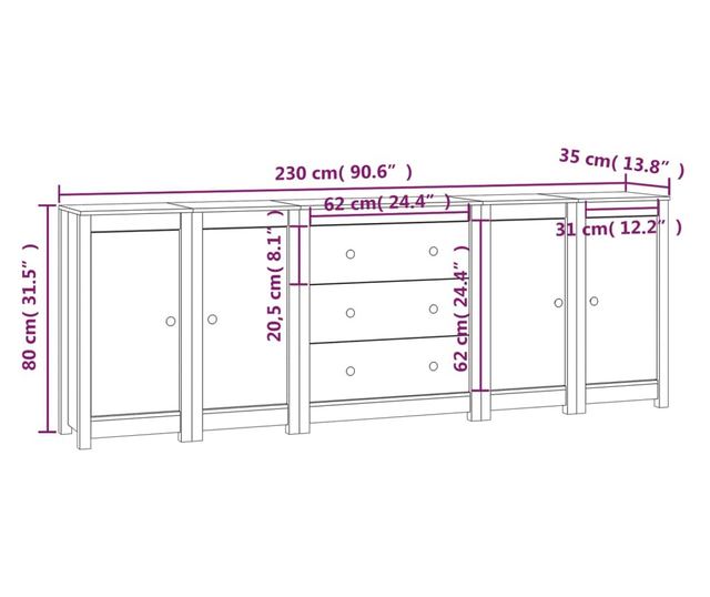 Stojalo, medeno rjavo, 230x35x80 cm, masivno borovo les.