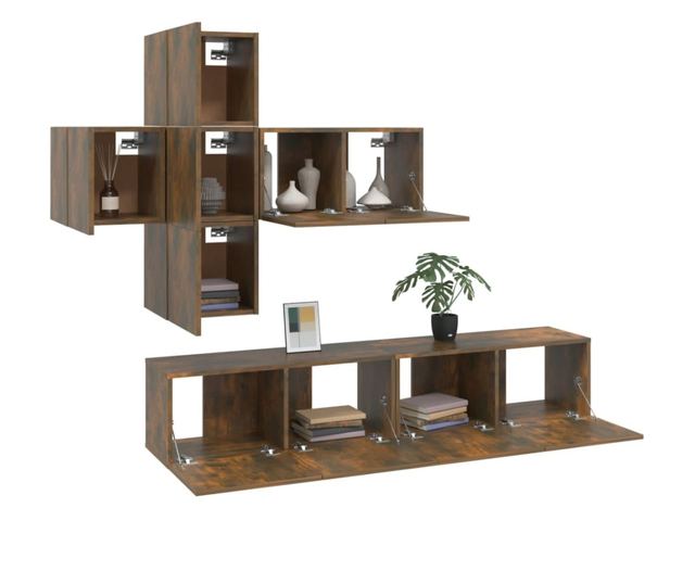 Set dulapuri TV, 7 piese, stejar fumuriu, lemn prelucrat