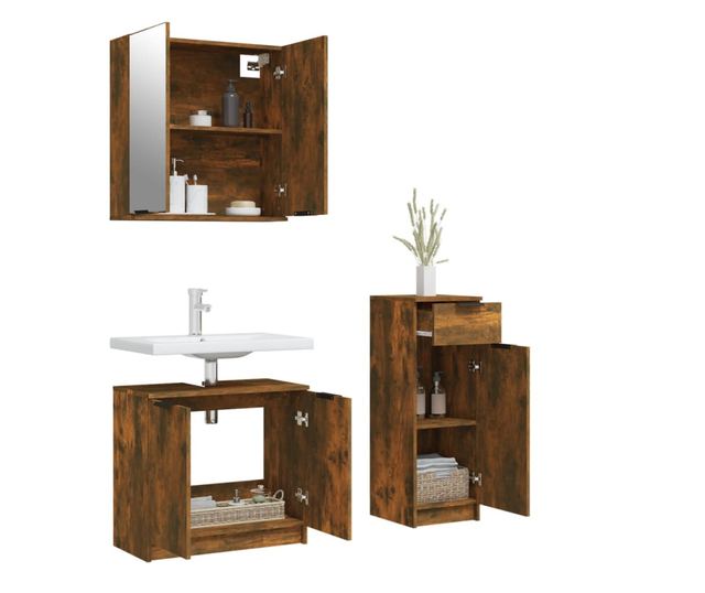Set dulap de baie, 3 piese, stejar fumuriu, lemn prelucrat