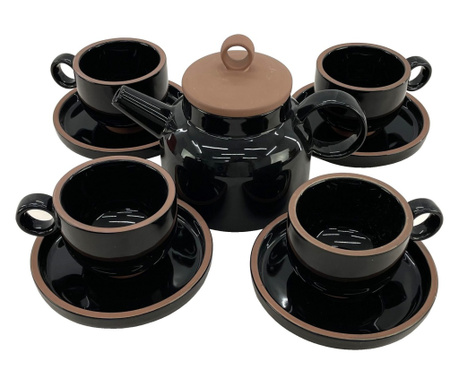 CULINARO HELLA BLACK Set serviciu ceai, ceainic 820ml si 4 cesti 200ml cu farfurioare, portelan, culoare neagra