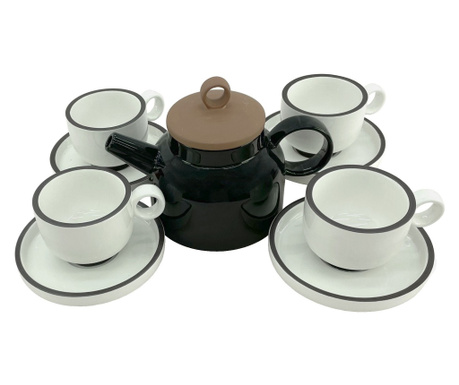 CULINARO HELLA BLACK&WHITE Set serviciu ceai, ceainic 820ml negru si 4 cesti 200ml cu farfurioare culoare alba, portelan