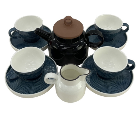 CULINARO HELLA STEEL BLUE Set serviciu ceai, ceainic 820ml, latiera, 4 cesti 200ml cu farfurioare culoare albastra